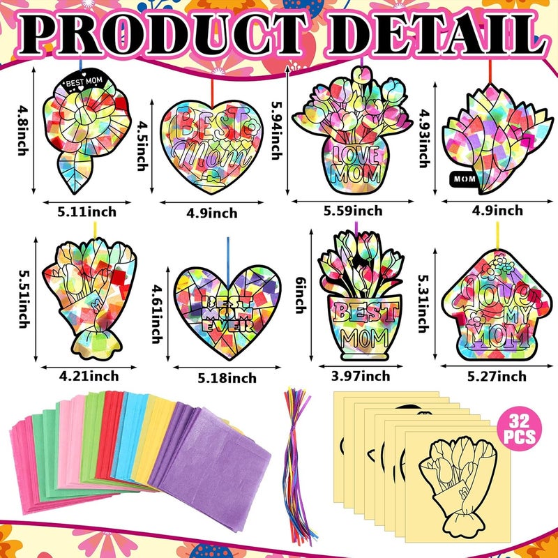 Eersida 32 Pcs Mothers Day Suncatchers Paper Craft Set DIY Flower Shaped Stained Glass Tissue Paper Kits Bulk for Activities Window Art Party Decorations Gift - Image 3